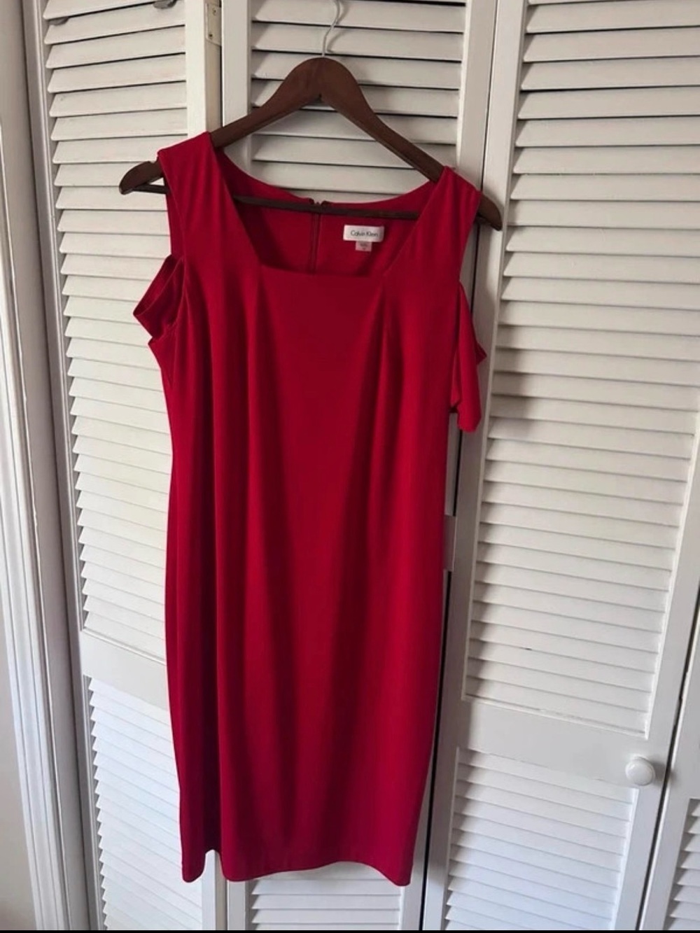 Calvin Klein Bright Red Cold-Shoulder Midi Dress